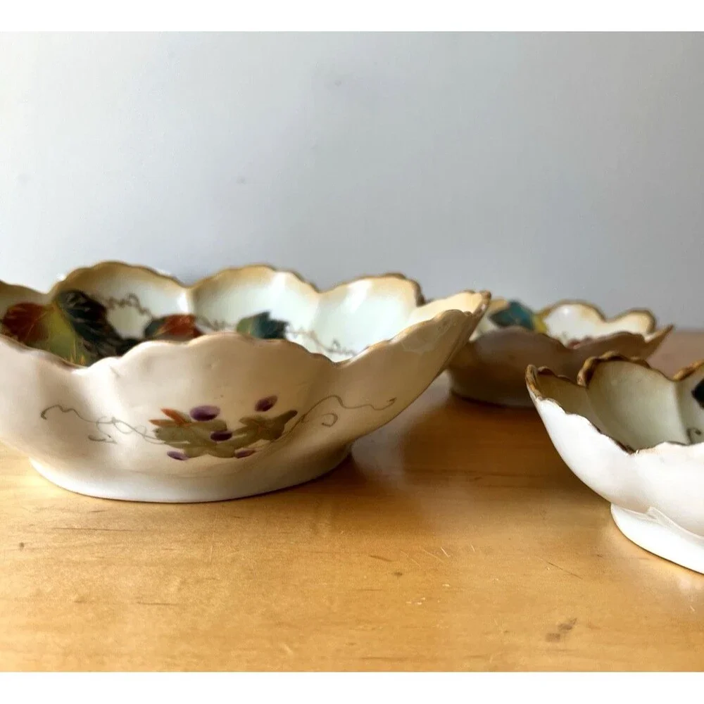 Vtg 1930s Tashiro Shoten Japan Hand Painted Porcelain Berry Bowl Set Grapes 7 Pc